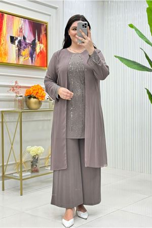 25Y5050 - VİZON - BÜYÜK BEDEN TAŞLI ABİYE PANTOLONLU TAKIM