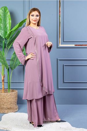 25Y5060 - PUDRA - BÜYÜK BEDEN TAŞLI ŞİFON ABİYE PANTOLONLU TAKIM
