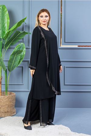 25Y5060 - SİYAH - BÜYÜK BEDEN TAŞLI ŞİFON ABİYE PANTOLONLU TAKIM