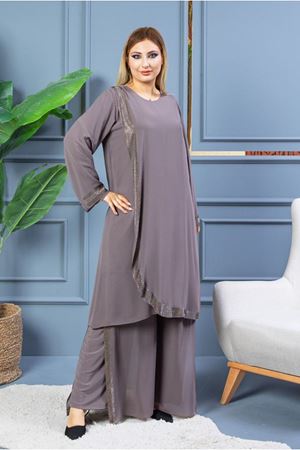 25Y5060 - VİZON - BÜYÜK BEDEN TAŞLI ŞİFON ABİYE PANTOLONLU TAKIM