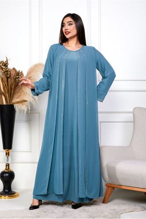 25Y6060 - MAVİ - BÜYÜK BEDEN SU YOLU TAŞLI ABİYE ELBİSE