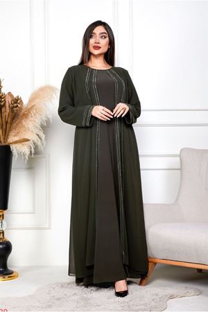 25Y6060 - HAKİ - BÜYÜK BEDEN SU YOLU TAŞLI ABİYE ELBİSE