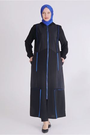 25Y2817 - SİYAH/SAKS - Büyük Beden Tesettür Paraşüt Kombinli Ferace