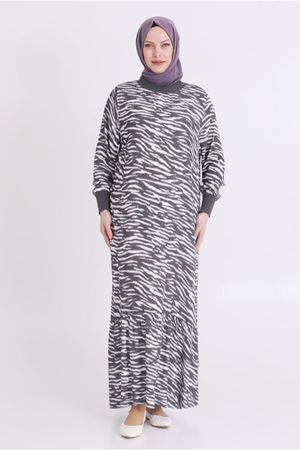 25Y7519 - FÜME -  Büyük Beden Tesettür Desenli Elbise 