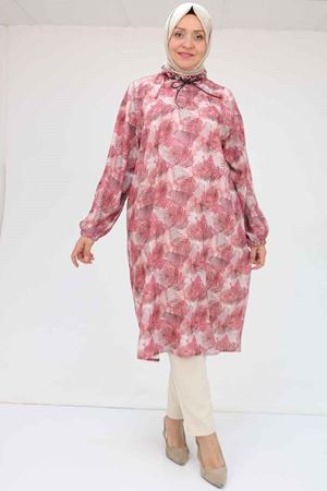 58028 Büyük Beden Yaka Fırfırlı Jesica Tunik - Yaprak Desen Gül