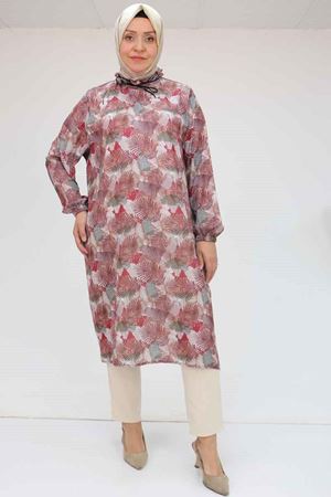 58028 Büyük Beden Yaka Fırfırlı Jesica Tunik - Yaprak Desen Bordo