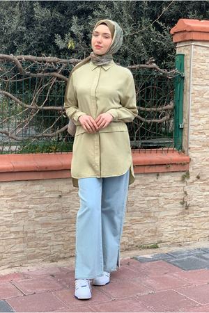 25Y7050 - AÇIK YEŞİL - KATLI KOT GÖMLEK TUNİK