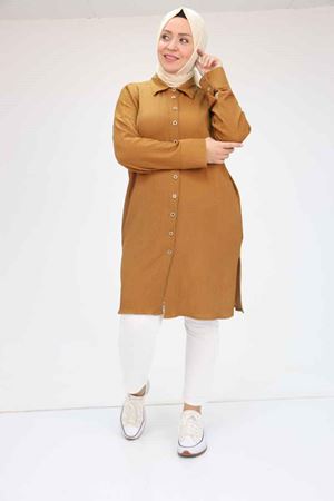 F-58043 Büyük Beden Düşük Kol Bürümcük  Gömlek - Taba