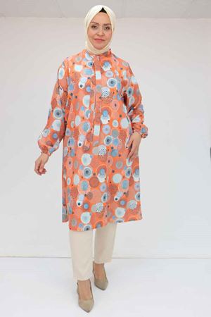 F-58023 Büyük Beden Yakası Bağlamalı Jesica Tunik - Daire Desen Oranj