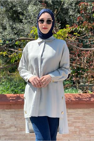 25Y7045 - GRİ - YANLARI GOLD DÜĞMELİ GÖMLEK TUNİK