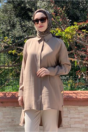 25Y7045 - VİZON - YANLARI GOLD DÜĞMELİ GÖMLEK TUNİK