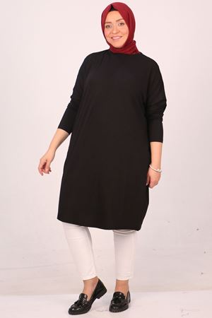 28092 Büyük Beden Düşük Kol Penye Tunik - Siyah
