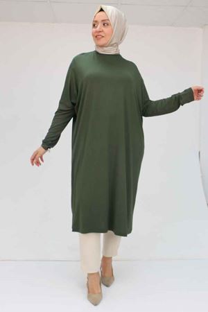 28092 Büyük Beden Düşük Kol Penye Tunik - Haki