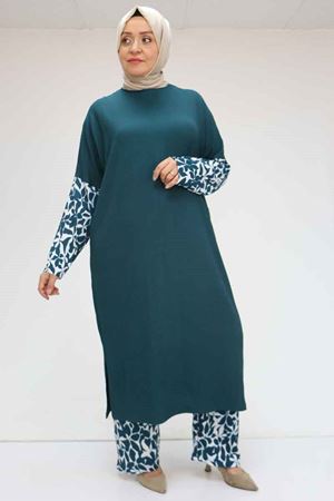 57015 Büyük Beden Renk Kombinli Pantolonlu Bürümcük Takım - Ekru-Petrol