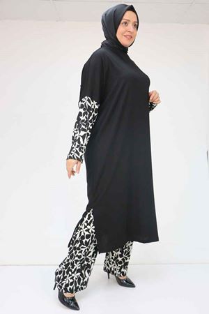 57015 Büyük Beden Renk Kombinli Pantolonlu Bürümcük Takım - Ekru-Siyah