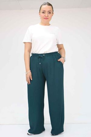 39012 Büyük Beden Bolpaça Bürümcük Pantolon - Petrol