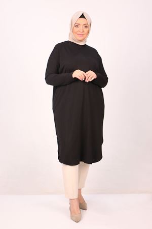 38110  Büyük Beden Düşük Kol Penye Tunik - Siyah