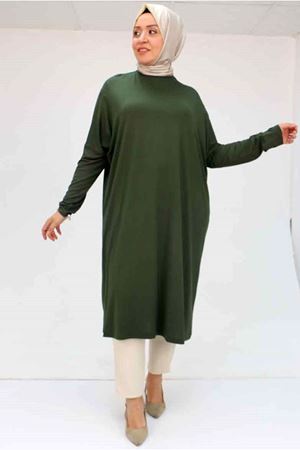 25Y28092 - HAKİ -  Büyük Beden Düşük Kol Penye Tunik