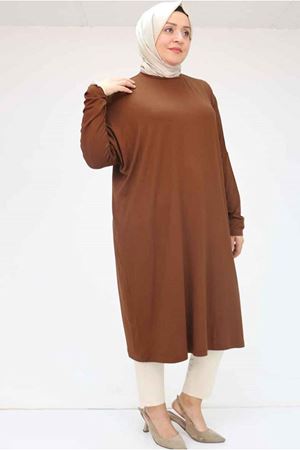 25Y28092 - KAHVE -  Büyük Beden Düşük Kol Penye Tunik 