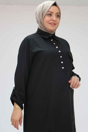 58055 Büyük Beden Yarım Patlı Düğmeli Keten Tunik - Siyah