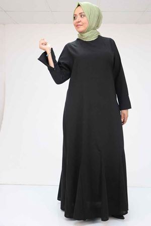 F-52003 Büyük Beden Kalın Manşetli Keten Elbise - Siyah