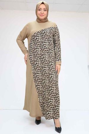 F-52011 Büyük Beden Renk Garnili Taş Detaylı Elbise - Vizon-Bej