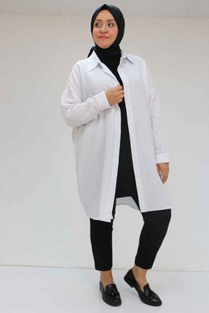25Y58063- EKRU  - Büyük Beden Düşük Kol Manşetli Müslin Gömlek