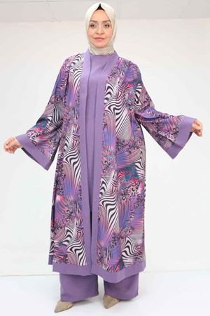 57301 Büyük Beden Farklı Kumaş Kombinli Üçlü Takım - Lila