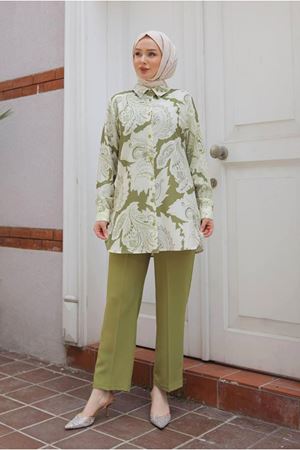 25Y7570 - YAĞ YEŞİLİ - MOTİF DESEN GÖMLEKLİ TAKIM 