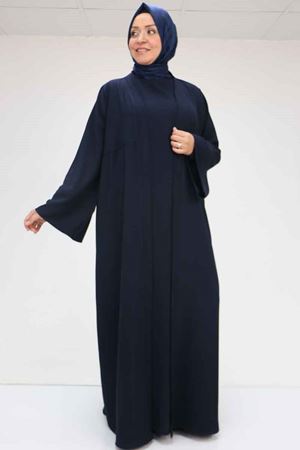 57210 Büyük Beden Renge Renk Garni Detaylı Abaya Takım - Lacivert