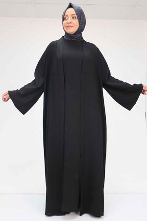 57210 Büyük Beden Renge Renk Garni Detaylı Abaya Takım - Siyah