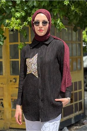 25Y7075 - SİYAH - YILDIZ İŞLEMELİ GÖMLEK