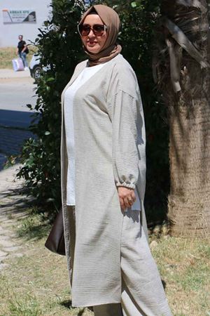 F-57026 Büyük Beden Mostralı Pantolonlu Etamin Takım - Haki