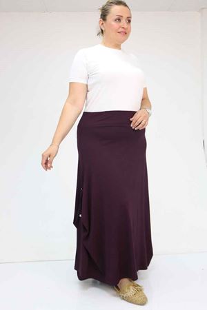 55001 Büyük Beden Yanı Düğmeli Penye Etek - Mürdüm