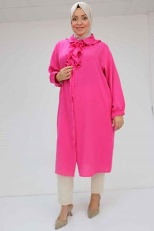 F-58029 Büyük Beden Önü Fırfırlı Düğmeli Keten Gömlek - Fuşya