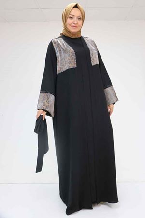 57207 Büyük Beden Garni Detaylı Etamin Elbiseli Abaya - Siyah