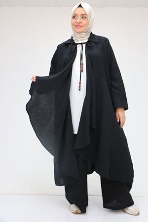 57017 Büyük Beden Torba Cepli Müslin Pantolonlu Takım - Siyah