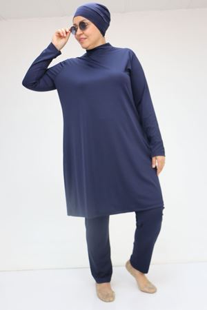1738 Büyük Beden Uzunkol Tesettür Mayo - Lacivert