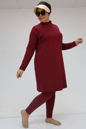 1737 Büyük Beden Uzunkol Tesettür Mayo - Bordo
