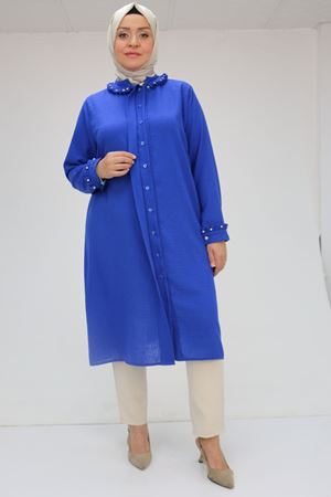 F-58024 Büyük Beden Yaka Ve Kol Manşeti Taşlı Keten Tunik - Saks