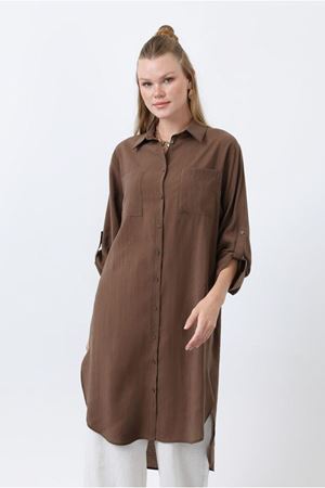 25Y7034 - KAHVE -  UZUN CEPLİ GÖMLEK