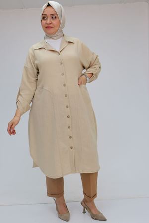 58071 Büyük Beden Önleri Torba Cepli Keten Gömlek - Bej