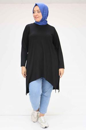 58070 Büyük Beden Asimetrik Kesim Penye Tunik - Siyah