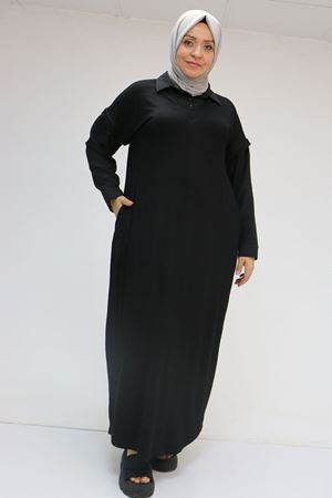 52009 Büyük Beden Kol Ve Yaka Garnili Penye Elbise - Siyah-Siyah