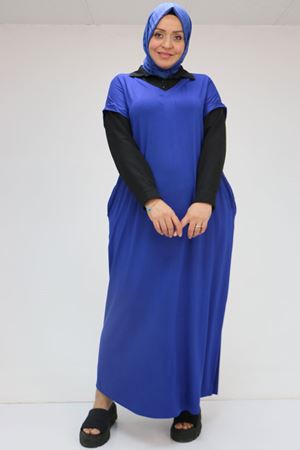 52009 Büyük Beden Kol Ve Yaka Garnili Penye Elbise - İndigo-Siyah