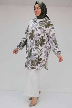 58031 Büyük Beden Erkek Yakalı Desenli Bürümcük Gömlek Tunik - Gri-Haki