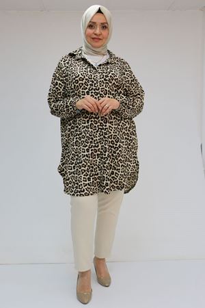 58031 Büyük Beden Erkek Yakalı Desenli Bürümcük Gömlek Tunik - Vizon-Bej