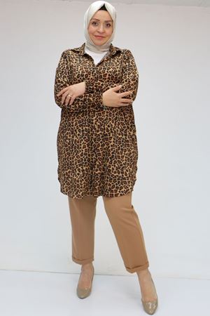 58031 Büyük Beden Erkek Yakalı Desenli Bürümcük Gömlek Tunik - Siyah-Leopar