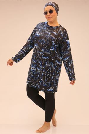 1727 Büyük Beden Uzun Kol Taytlı Tesettür Mayo Takım -  Aqua Mavi