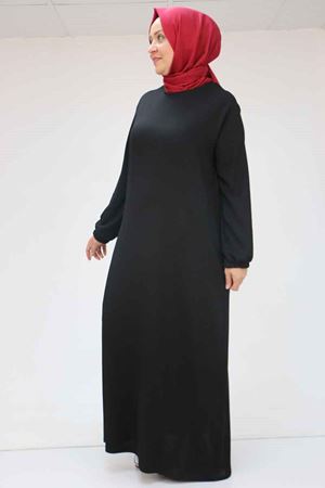 32025 Büyük Beden Bürümcük  Kolu Lastikli Elbise - Siyah